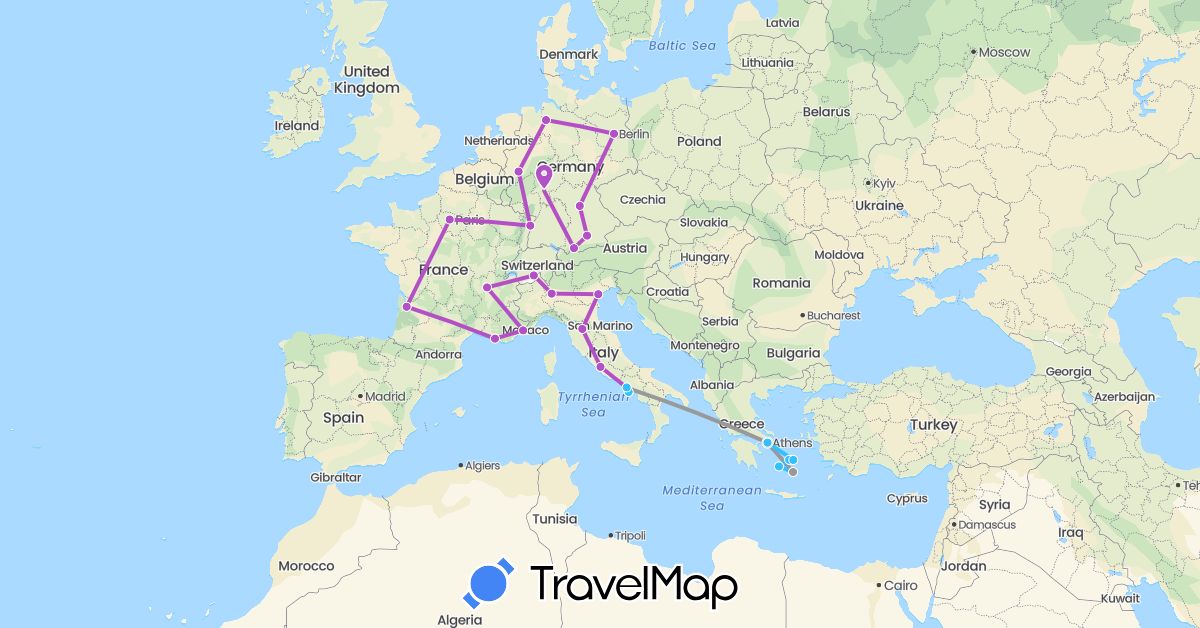 TravelMap itinerary: driving, plane, train, boat in Switzerland, Germany, France, Greece, Italy (Europe)